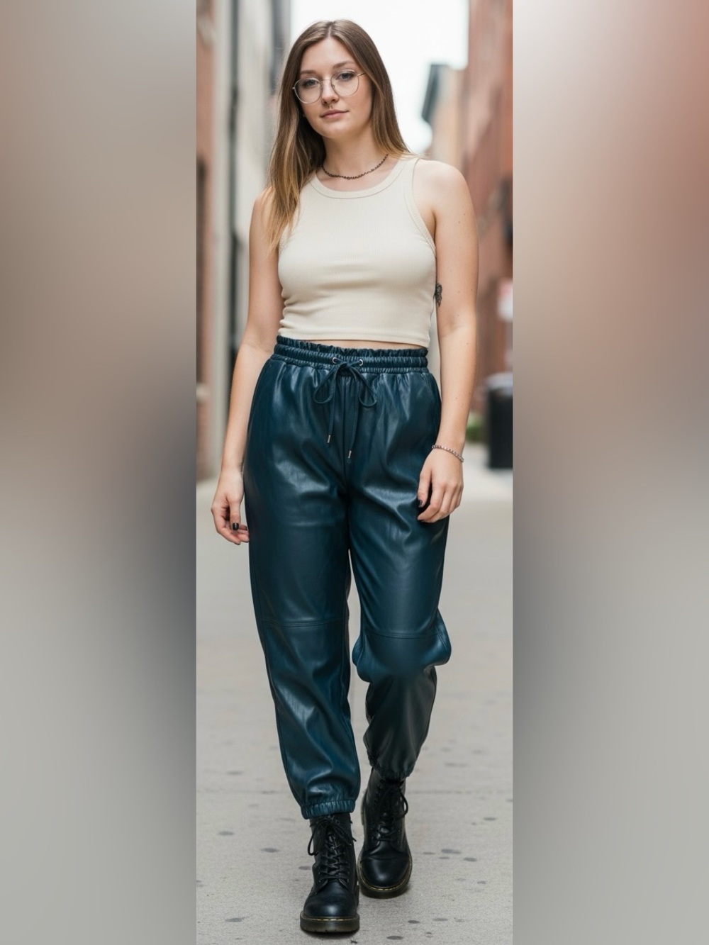 Inclán Studio Teal Faux Leather Pants Elastic Waist and Drawstring, Size Medium